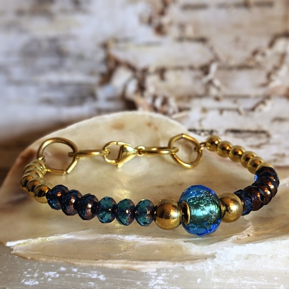 Blue Glass and Gold Beads in Gold Plated Beaded Bracelet - Picture 2 of 6